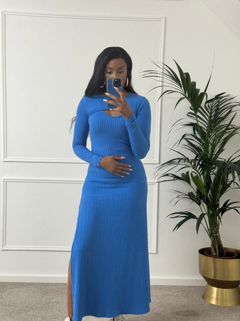 ASOS Topshop ribbed cut out knitted midi dress in blue