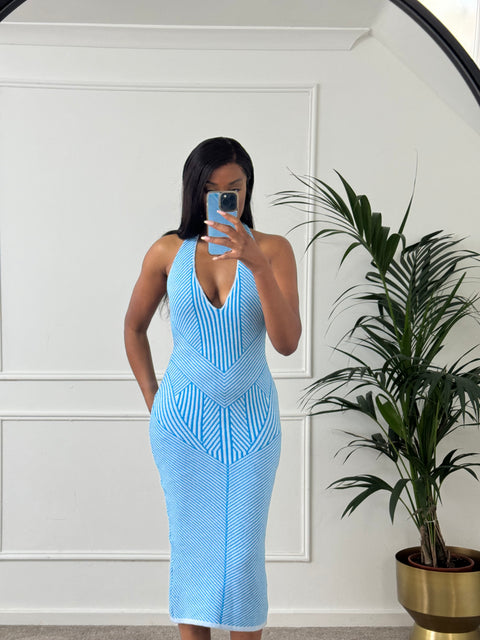 Prettylittlething Teal asymmetric two tone knit halter maxi dress