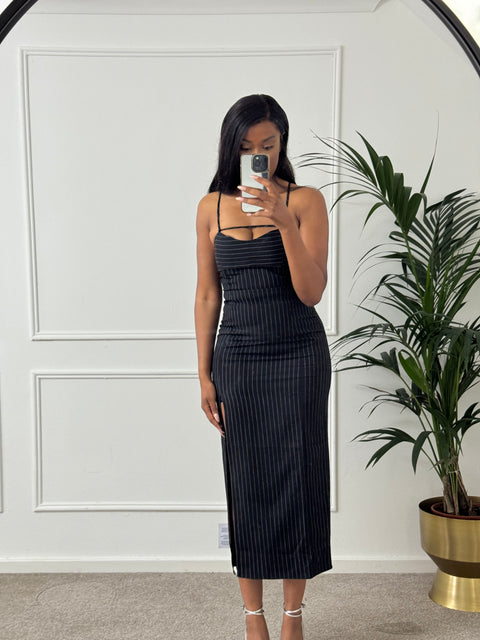 ASOS black pinstripe structured midi cami dress with buckle detail