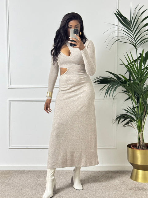 ASOS supersoft cut out long sleeve midaxi dress in oatmeal