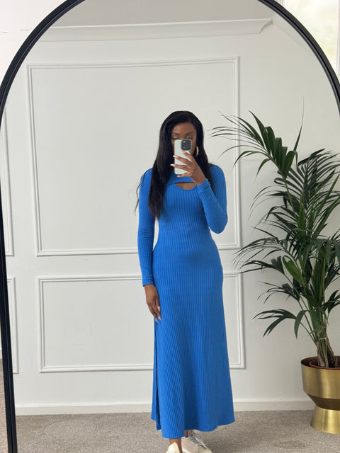 ASOS Topshop ribbed cut out knitted midi dress in blue